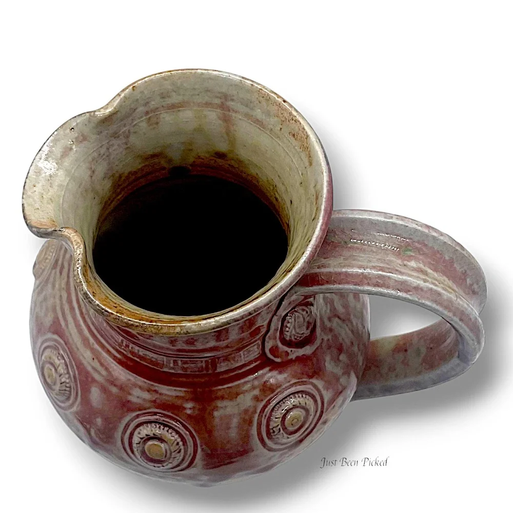 Clark Studio Pottery Pitcher Large‎ Salt Glaze Stoneware Red Tan Medallion